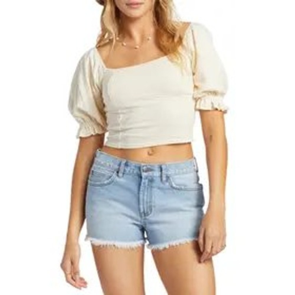 Billabong Flora Cream Textured Cotton Puff Sleeve Smocked Crop Top SMALL